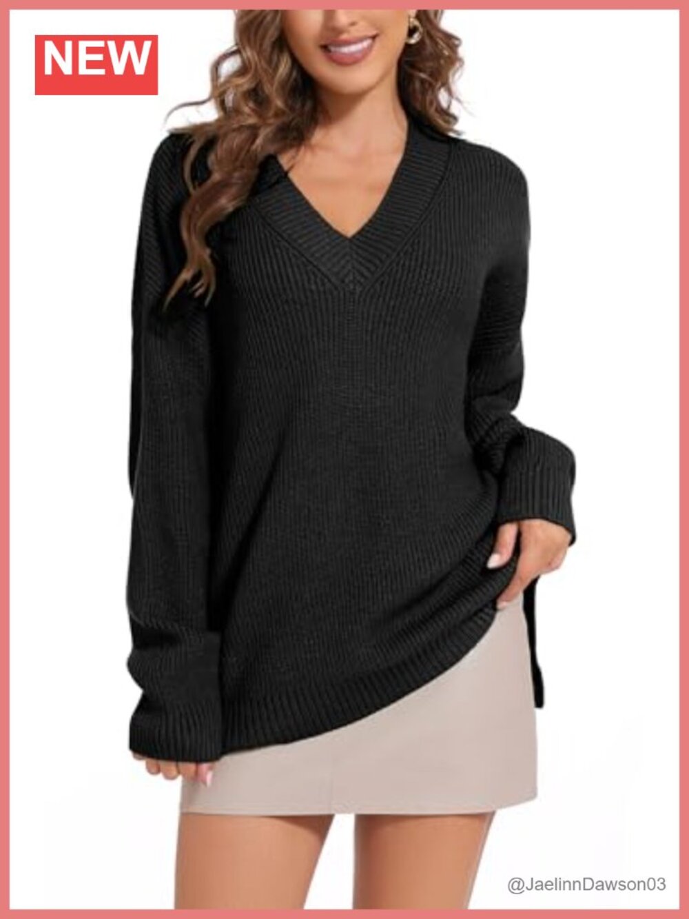 Oversized V-Neck Loose Knit Sweater Pullover Top with Side Slits